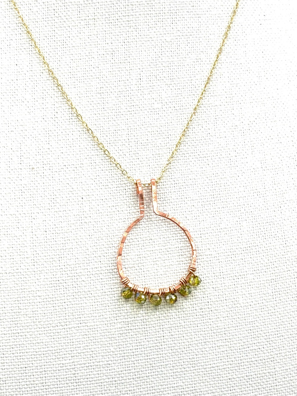 Hand Crafted Ring Holder Necklace with Olive Green Crystals